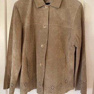 BERNARDO Lightweight Floral Laser Cut Washable Fully Lined Tan Suede Jacket